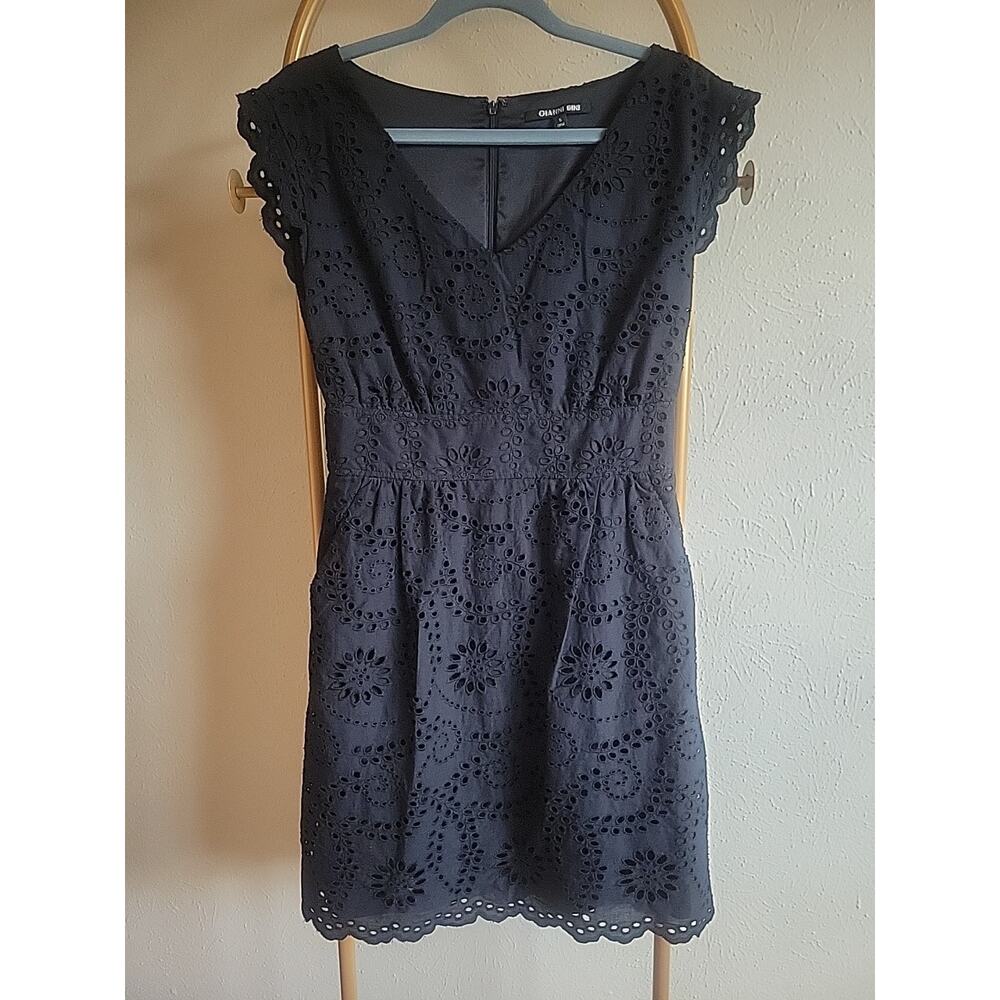 Gianni Bini Black Eyelet V Neck Cap Sleeve Womens Size 6 Mini Dress Pockets